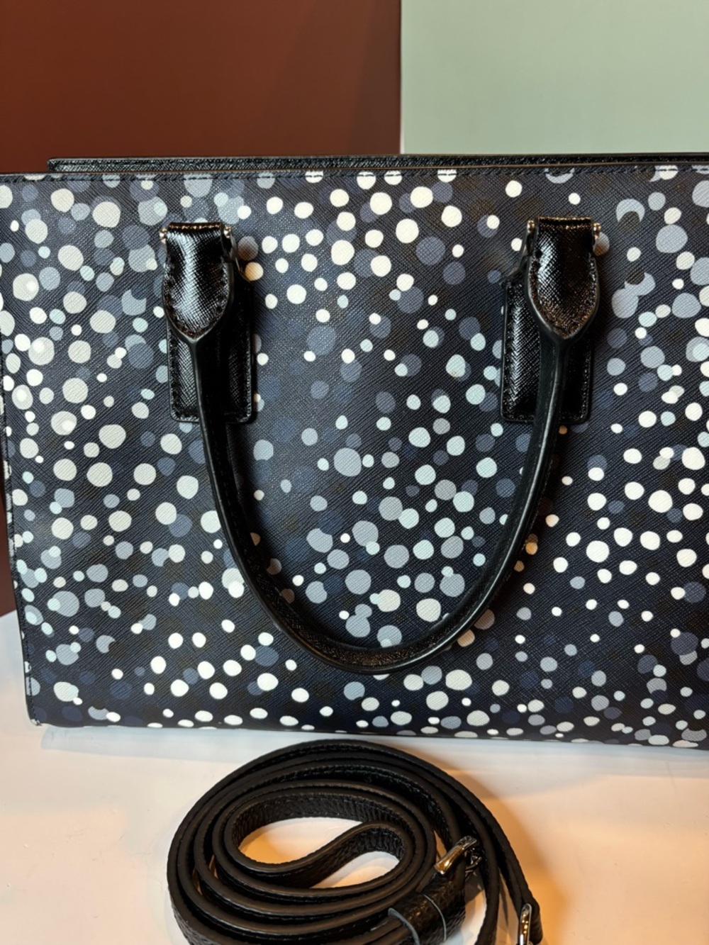 KATE SPADE Cameron “Soirée”Black Dot Print Saffiano Leather Tote - Picture 2 of 7